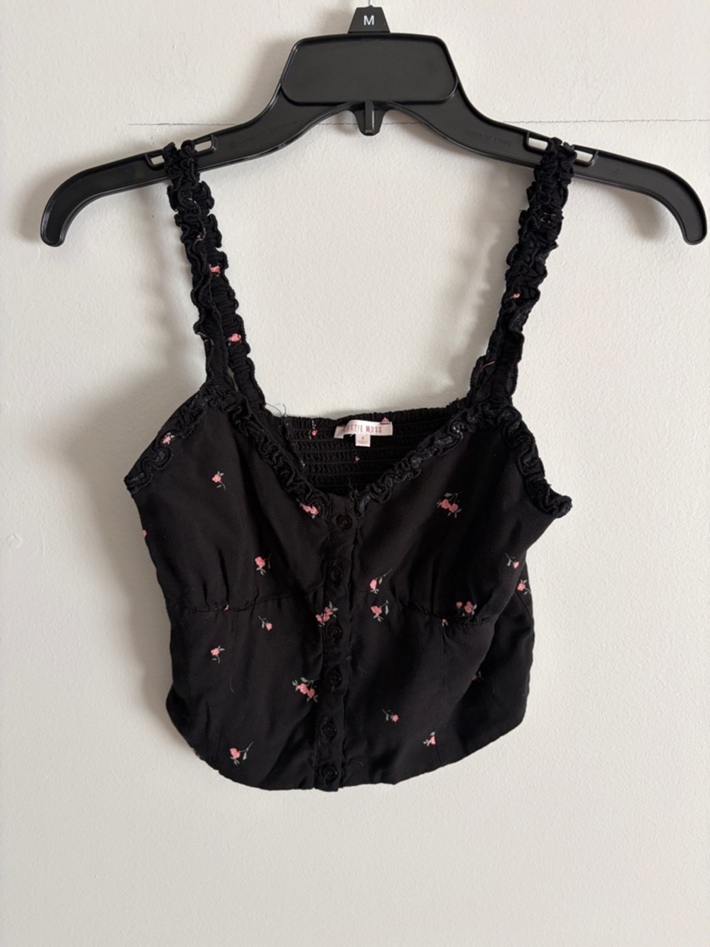 Black Floral Ruffled Strap Cropped Cami by Lottie Moss. Size small